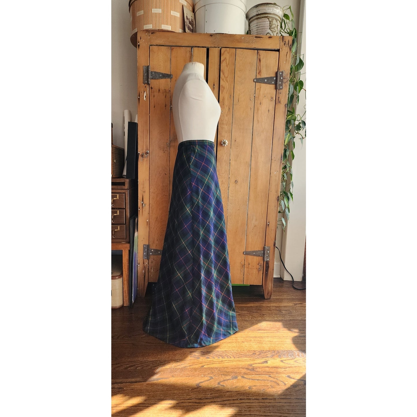 Vintage 70s Long Skirt Green Wool Plaid Prestige of Boston