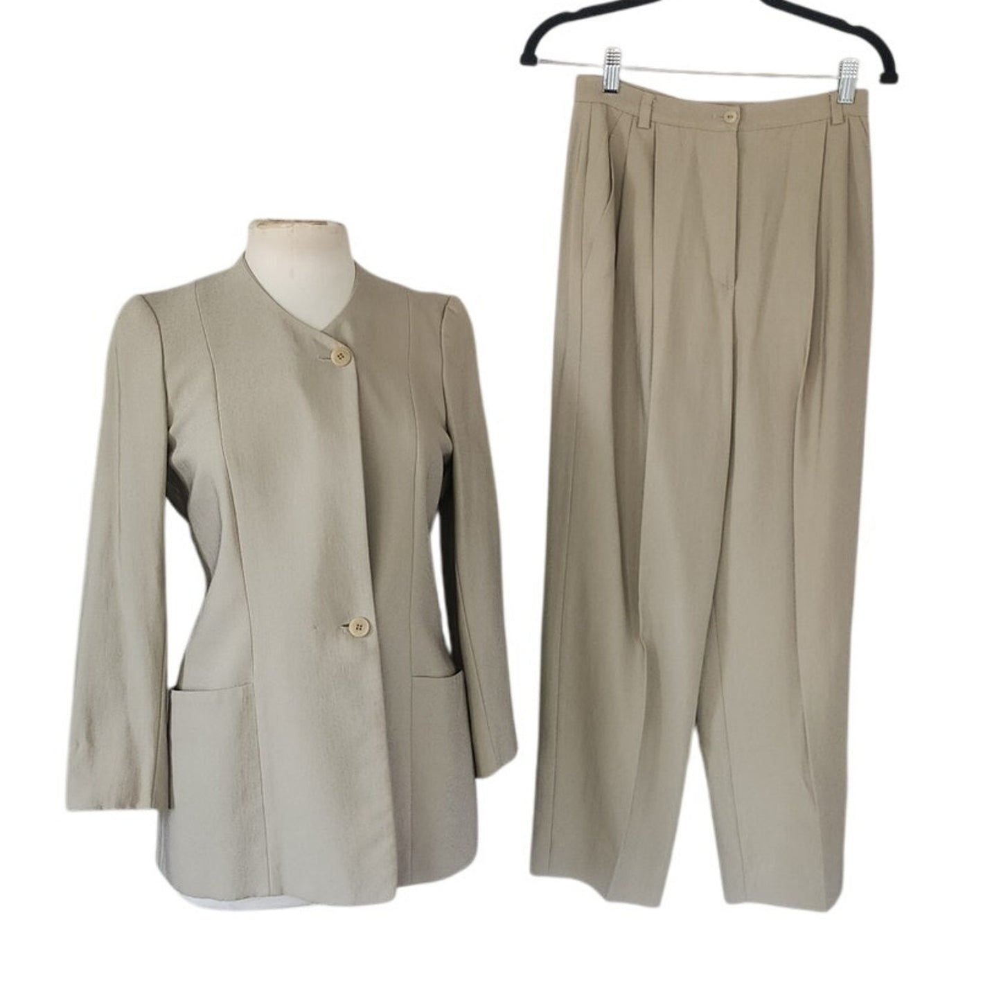 Vintage 1990s Pant Suit Beige Cotton Rayon Joan & David / Small