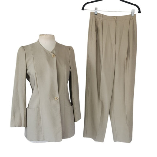 Vintage 1990s Pant Suit Beige Cotton Rayon Joan & David / Small