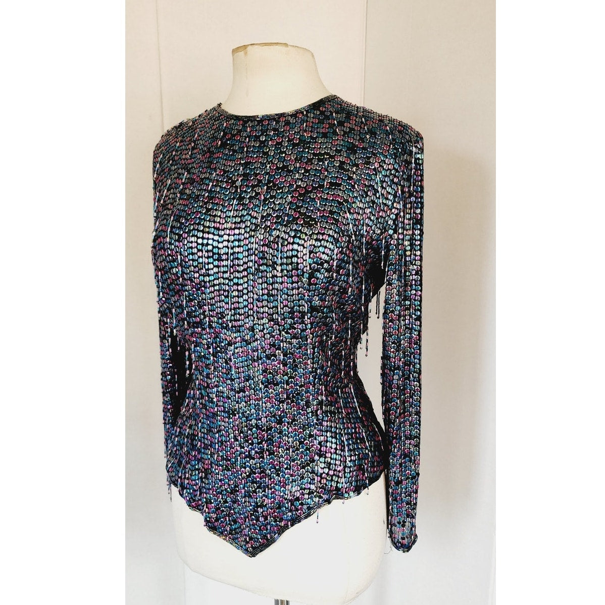 Vintage 80s Sequined Tunic Purple Blue Evening Top by Diva