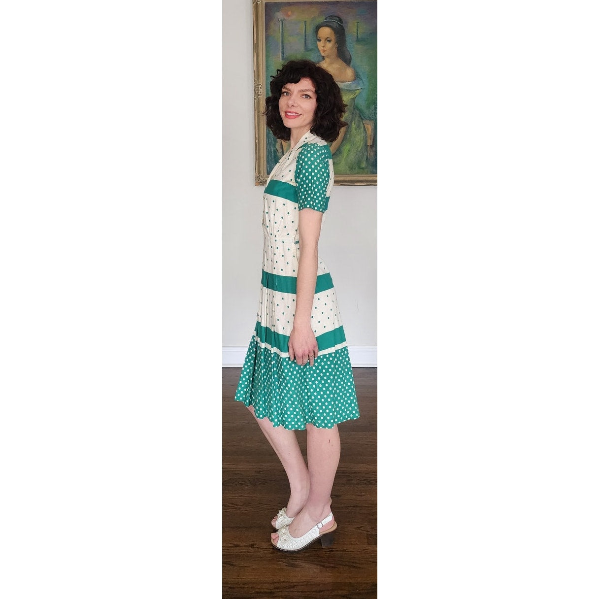 Vintage 50s Hope Reed Green Polka Dot Cotton Dress Nelly Don Short Sleeve