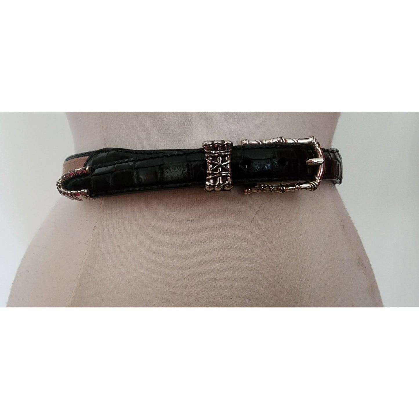 Vintage 1990s Brighton Leather Belt Black Leahter Beige Canvas Silver Buckle 28