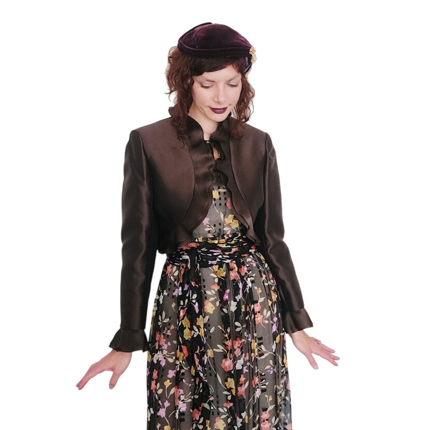 Vintage Brown Jacket Ruffled Trim Wool Silk Evening Dressy Blazer Frascara M