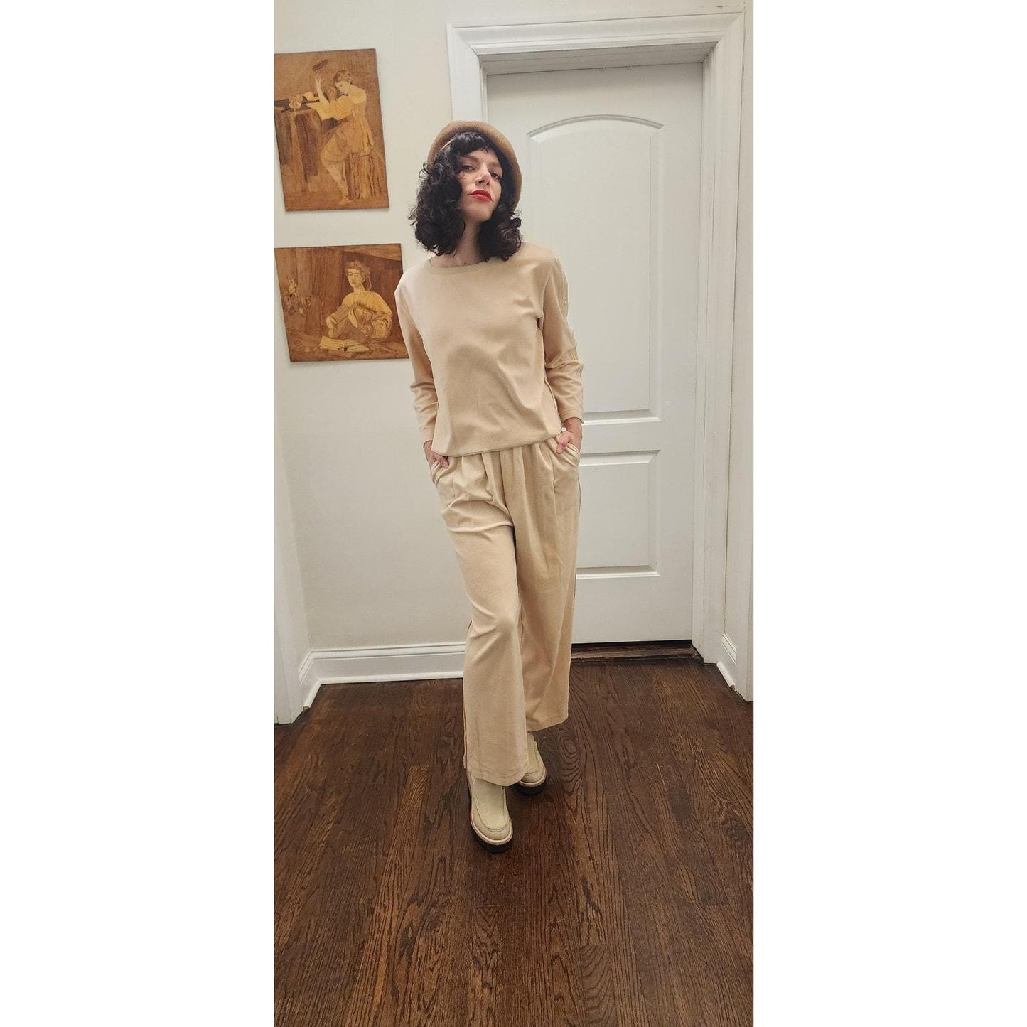 Vintage 1990s Sonia Rykiel Track Suit Beige Velour Gold Logo Buttons Top Pants