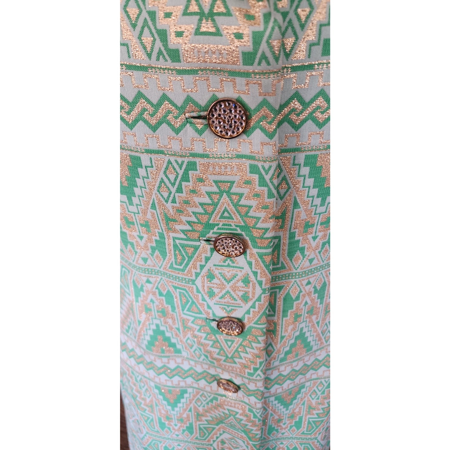 Vintage 60s Geometric Print Green Coat Mod Belted Chas A Stevens Medium