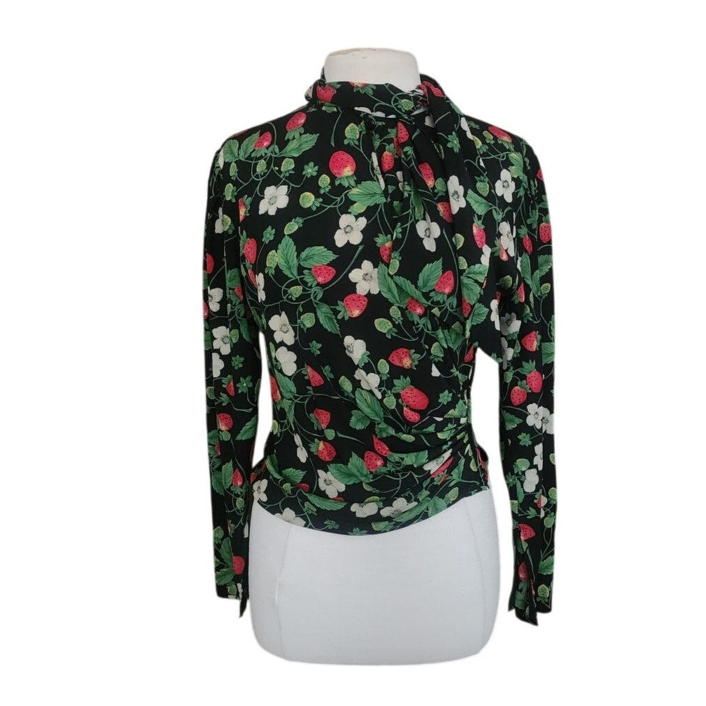 Vintage 1980s Emanuel Ungaro Parallele Blouse Strawberry Floral Print Silk Long Sleeve Shirt