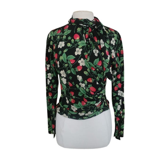 Vintage 1980s Emanuel Ungaro Parallele Blouse Strawberry Floral Print Silk Long Sleeve Shirt