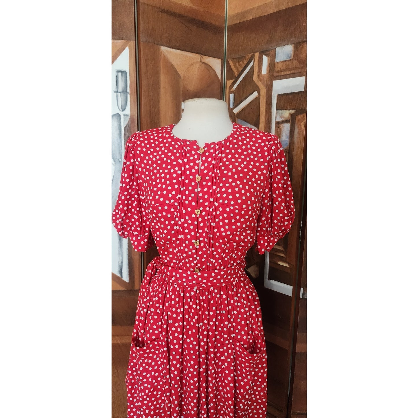 Vintage 1980s Sonia Rykiel Dress Red Polka Dot Rayon Short Sleeved Midi w/Belt