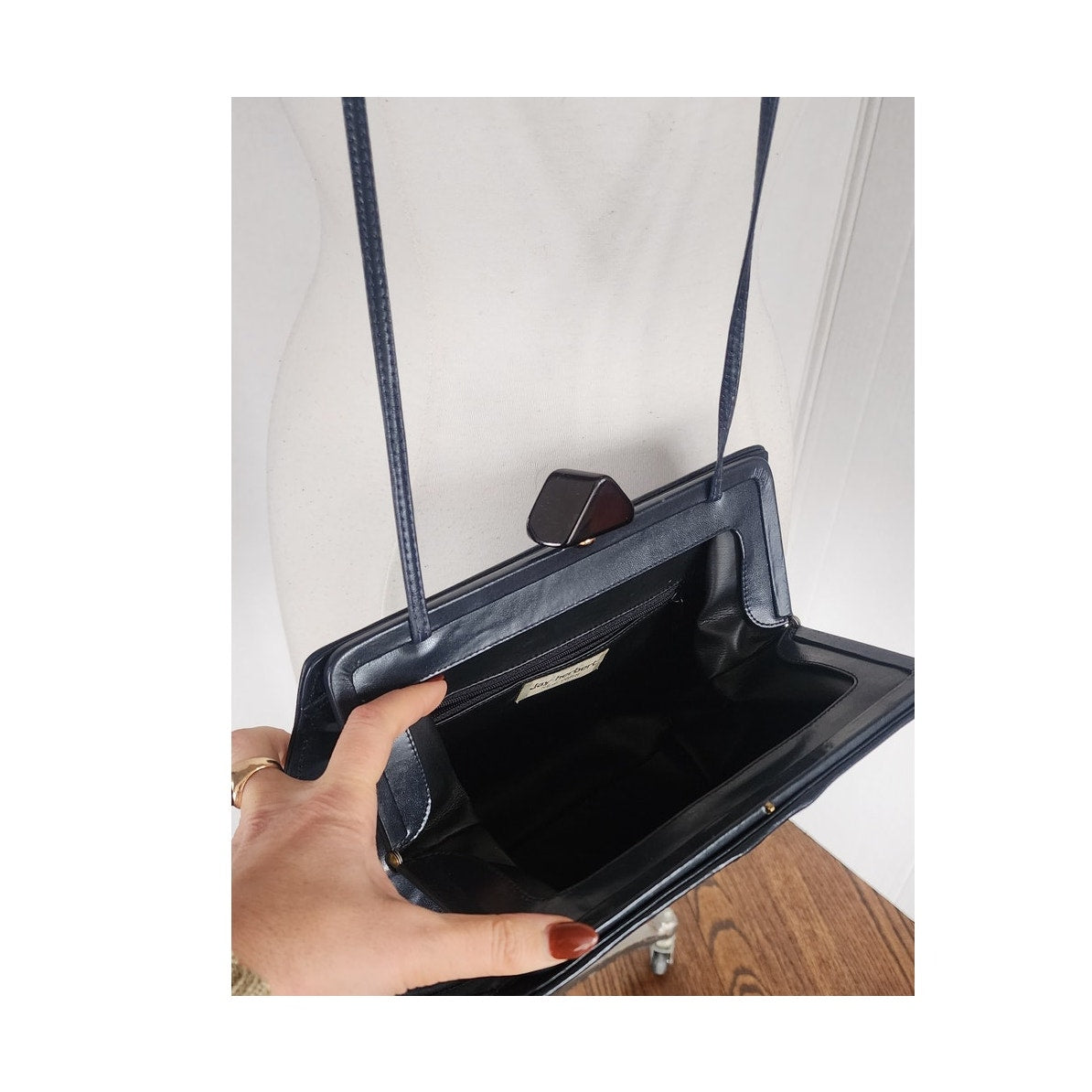 Vintage 80s Art Deco Purse Shoulder Bag / Clutch Navy Blue Leather Jay Herbert