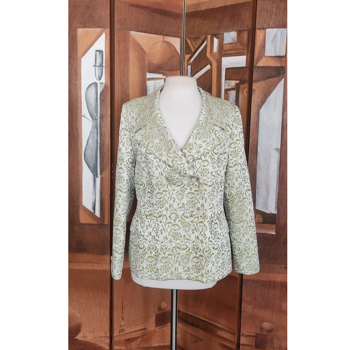 Vintage 1980s ESCADA COUTURE Blazer Green Leaf Print Jacket Double Breasted 40