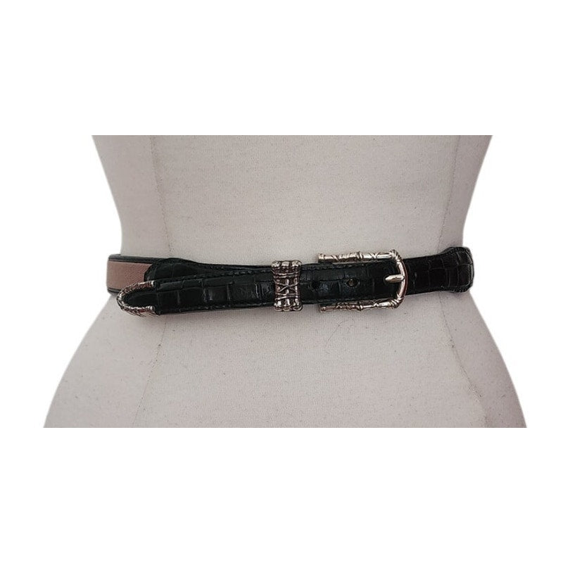 Vintage 1990s Brighton Leather Belt Black Leahter Beige Canvas Silver Buckle 28