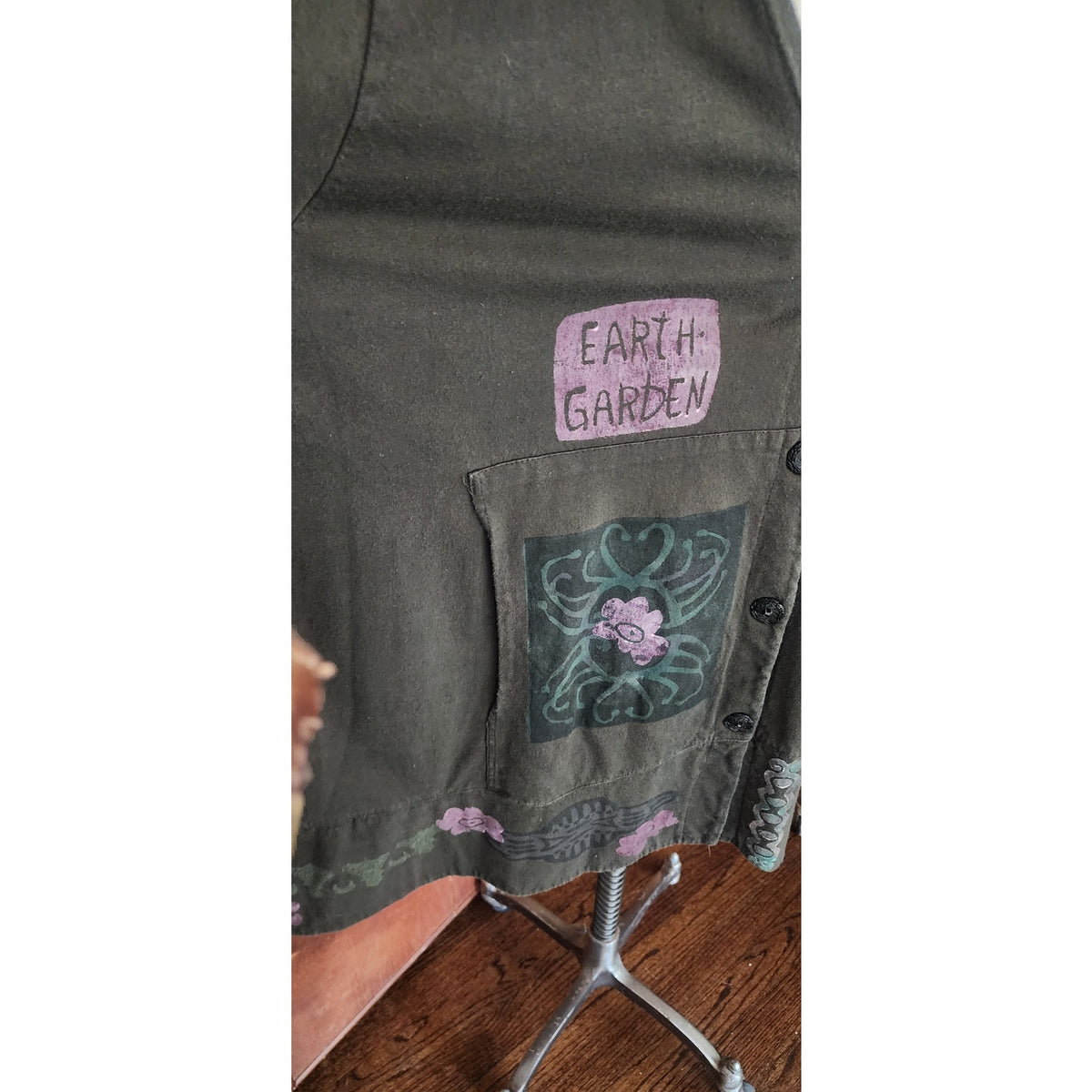 Vintage 1990s Blue Fish Top Cardigan 1999 Earth Garden Gray Linen Patchwork Hand Painted V Neck