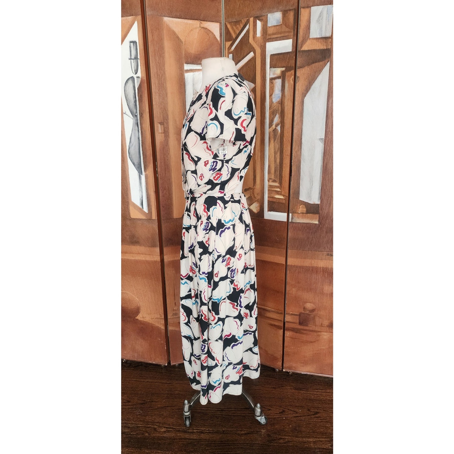 Vintage 1980s Krizia Dress Silk Puff Sleeve Open Back Geometric Abstract Midi
