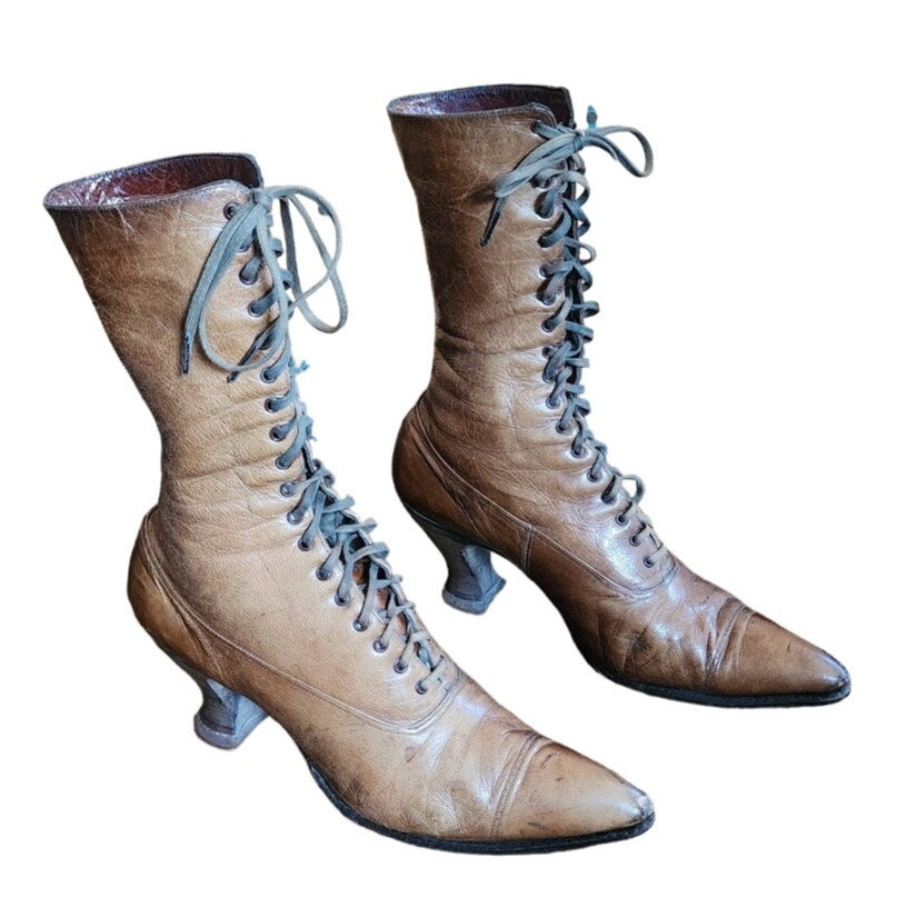 Antique Edwardian Granny Boots Brown Leather Lace Up 7