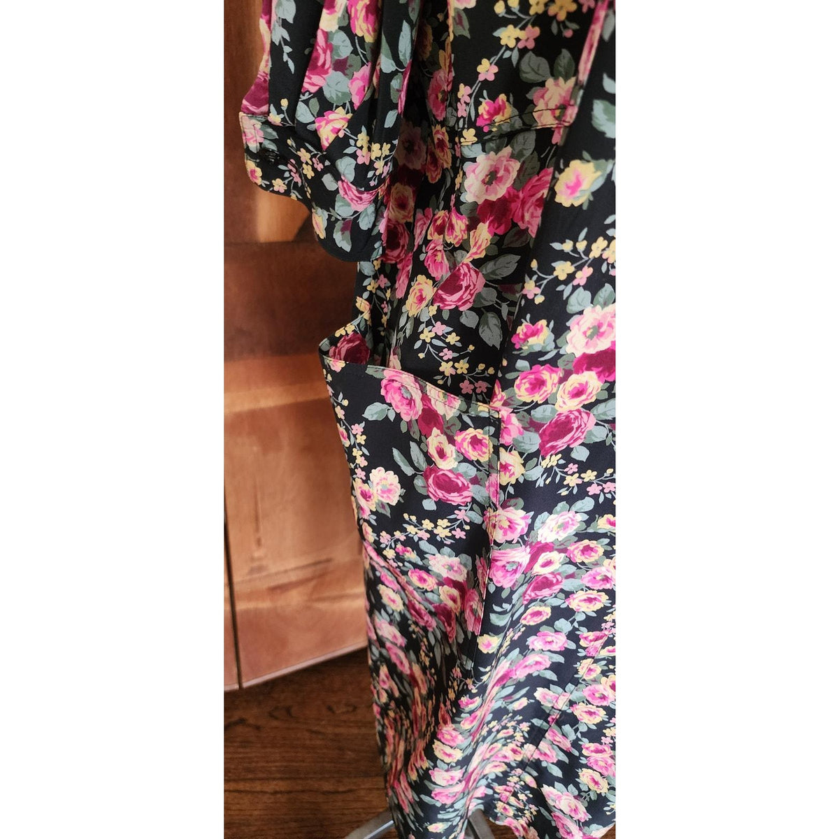 Vintage 1980s Ungaro Dress Silk Floral Rose Print Tie Neck Button Front Pockets