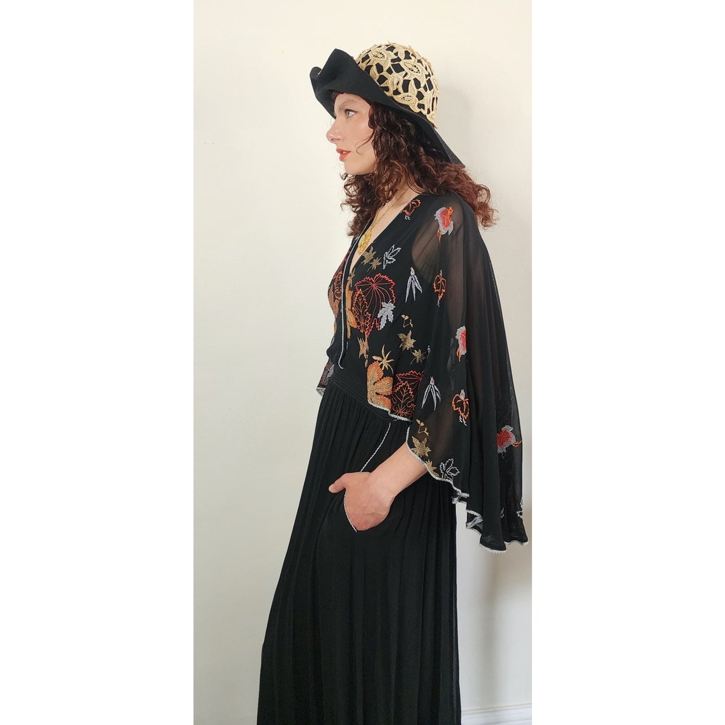 Vintage 1970s Janice Wainwright Maxi Dress Embroidered Butterfly Sleeves Capelet