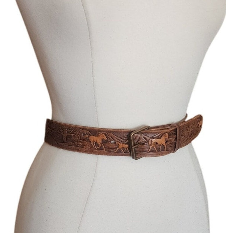 Vintage 1970s The Rowel Brown Belt Tooled Leather Horses Trees Cowboy Western