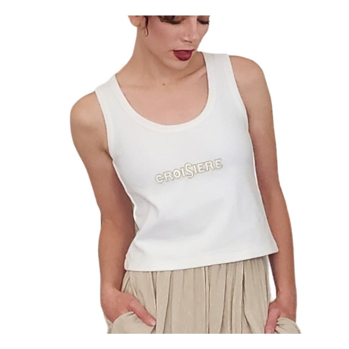 Vintage 1990s Sonia Rykiel Velour Top White Gold Tank Shell Embroidered  CROISIERE Cruise