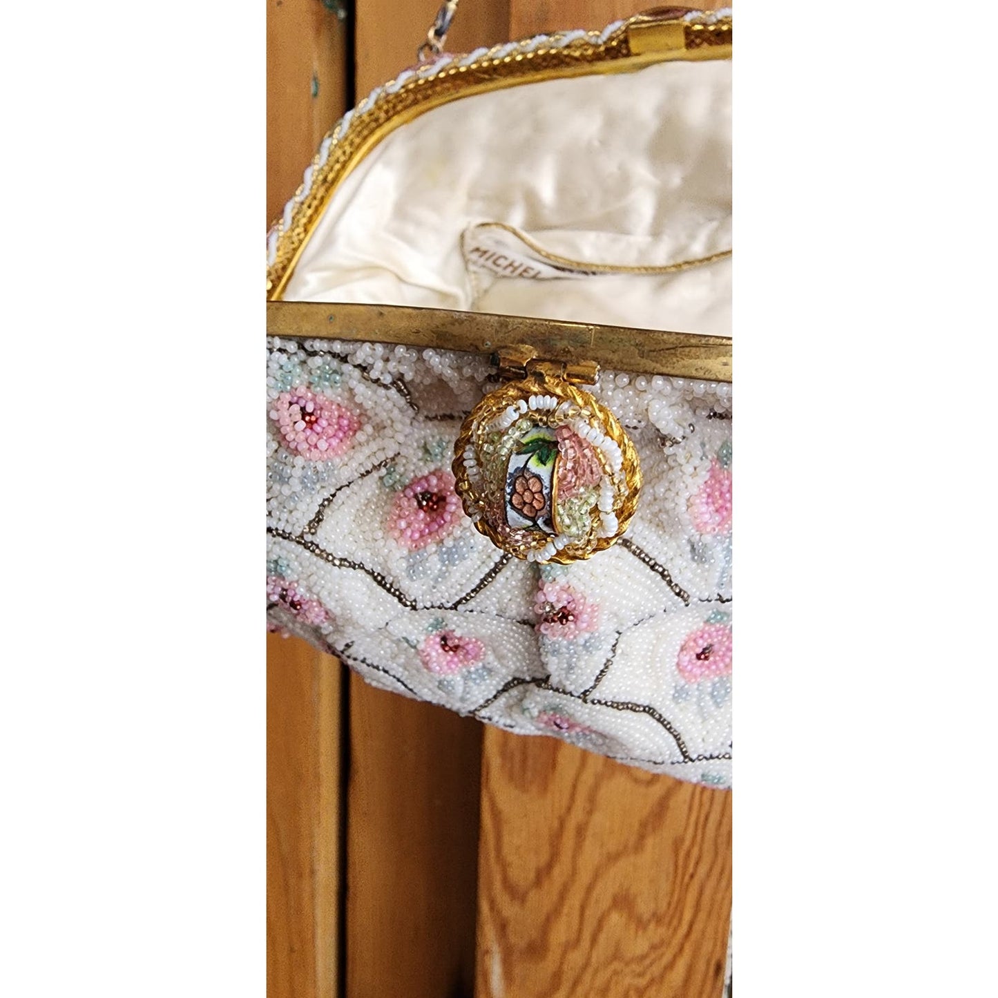 Vintage 50s Beaded Handbag Michel Swiss White Pastel French Purse Microbeading