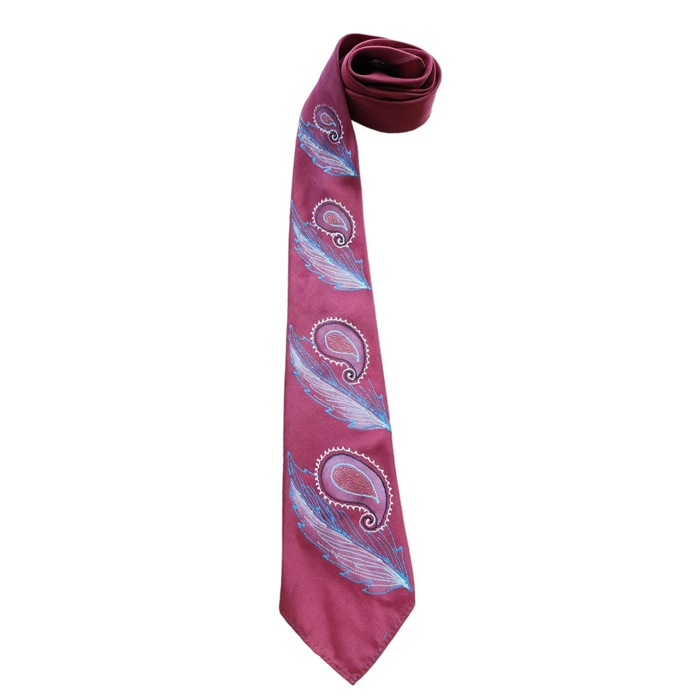 Vintage 1940s Mens Tie Burgundy Red Handpainted Paisley Towncraft