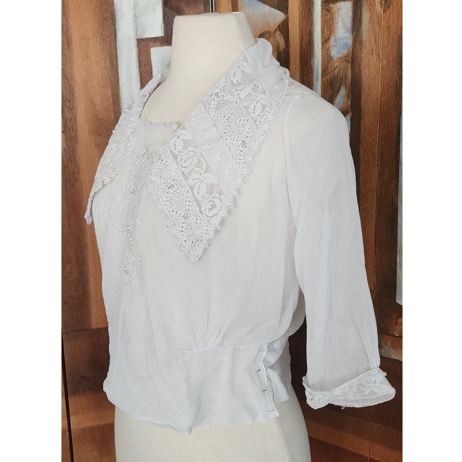 Antique Edwardian Blouse White Cotton Lace Embroidery Sailor Collar / S