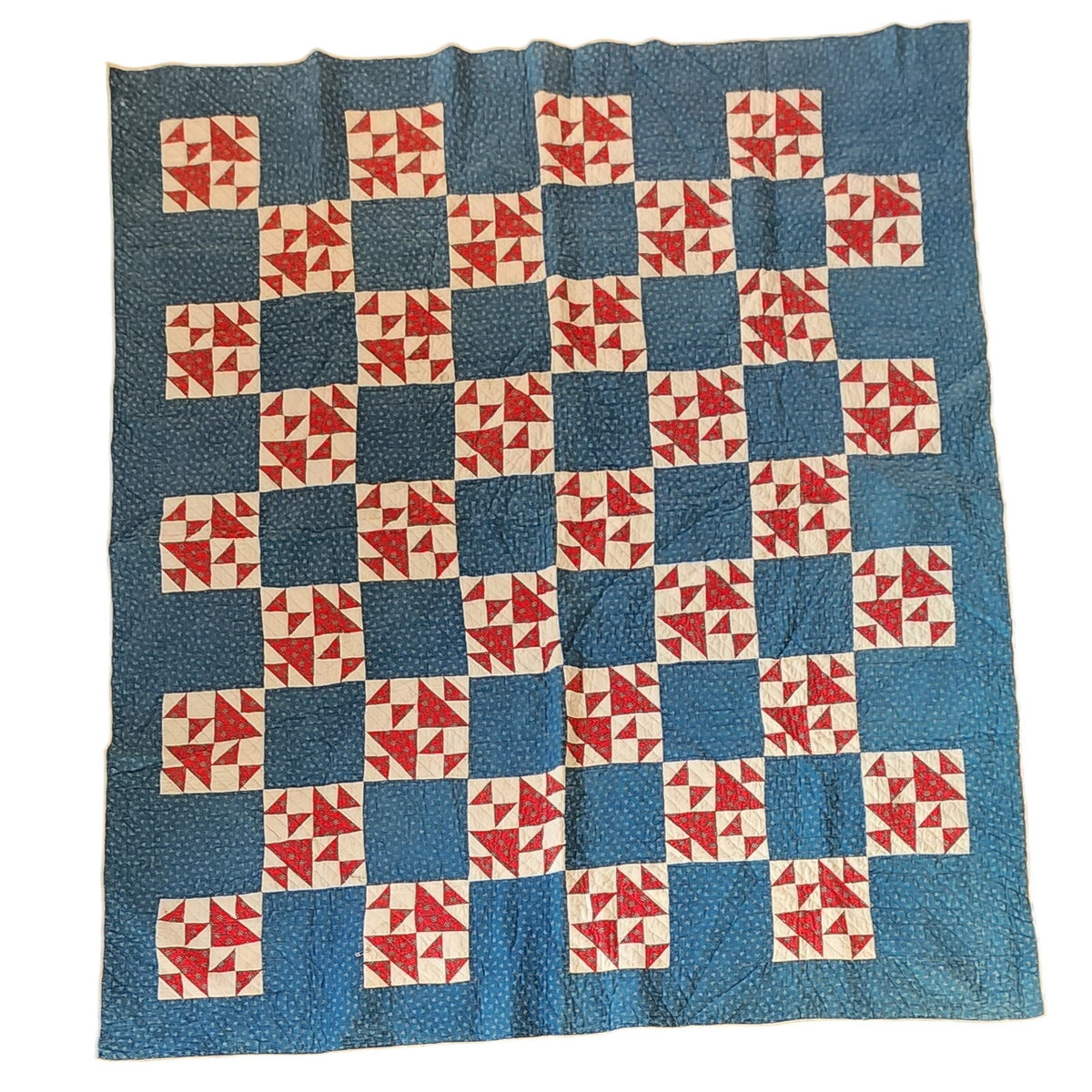 Antique American Quilt 1800s Old Maid's Puzzle Cotton Indigo Turkey Red Checkerboard