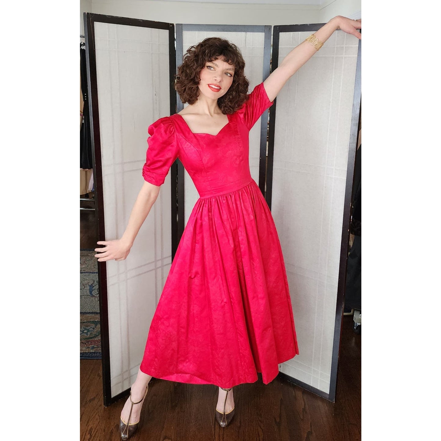 Vintage 80s Red Laura Ashley Dress Subtle Gold Floral Print Puffed Sleeves