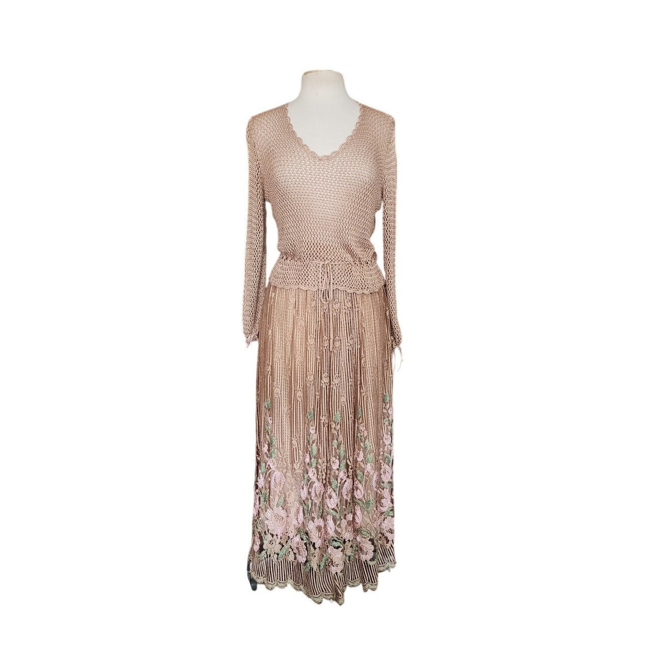 Vintage 1970s Jayna New York Dress Set Knit Crochet Top + Skirt Beige Lace Embroidery