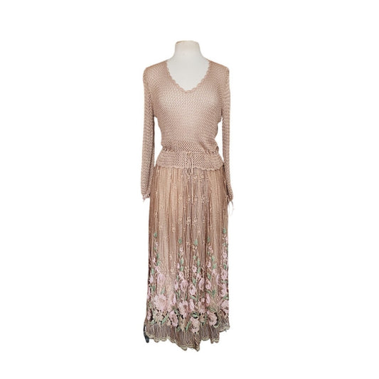 Vintage 1970s Jayna New York Dress Set Knit Crochet Top + Skirt Beige Lace Embroidery