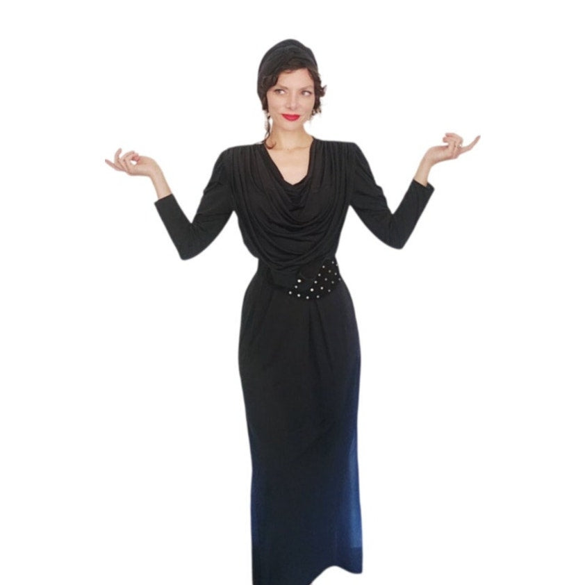 Vintage 1980s Oscar de la Renta Evening Dress Black Liquid Jersey Rhinestones Cowl Neck M