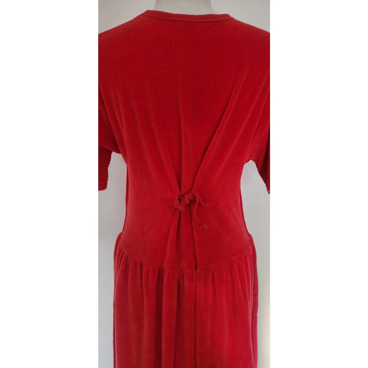 Vintage 1990s Velour Dress Red Sonia Rykiel Midi Drop Waist Embroidered Logo Emblem