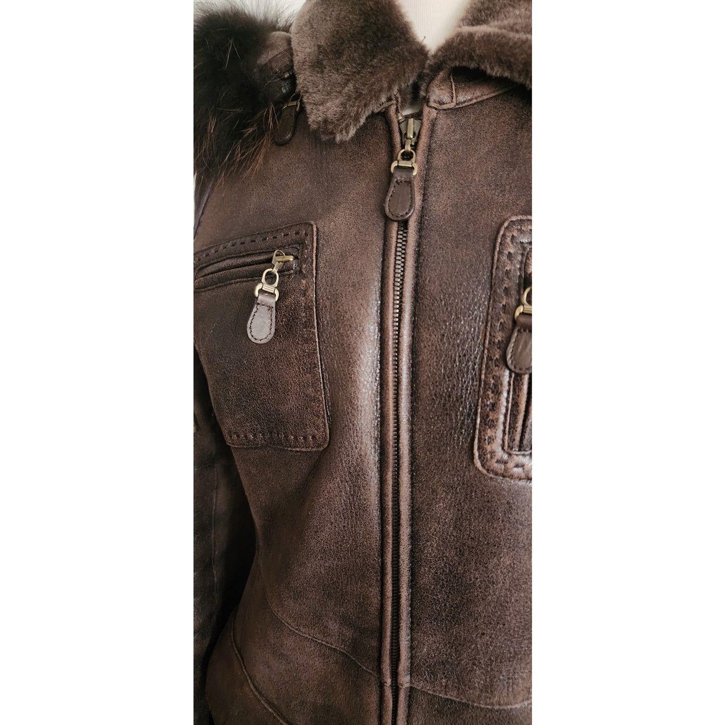 Vintage Y2K Brown Leather Parka Coat w/Fur Lined Hood & Shearling Liner Fitted S