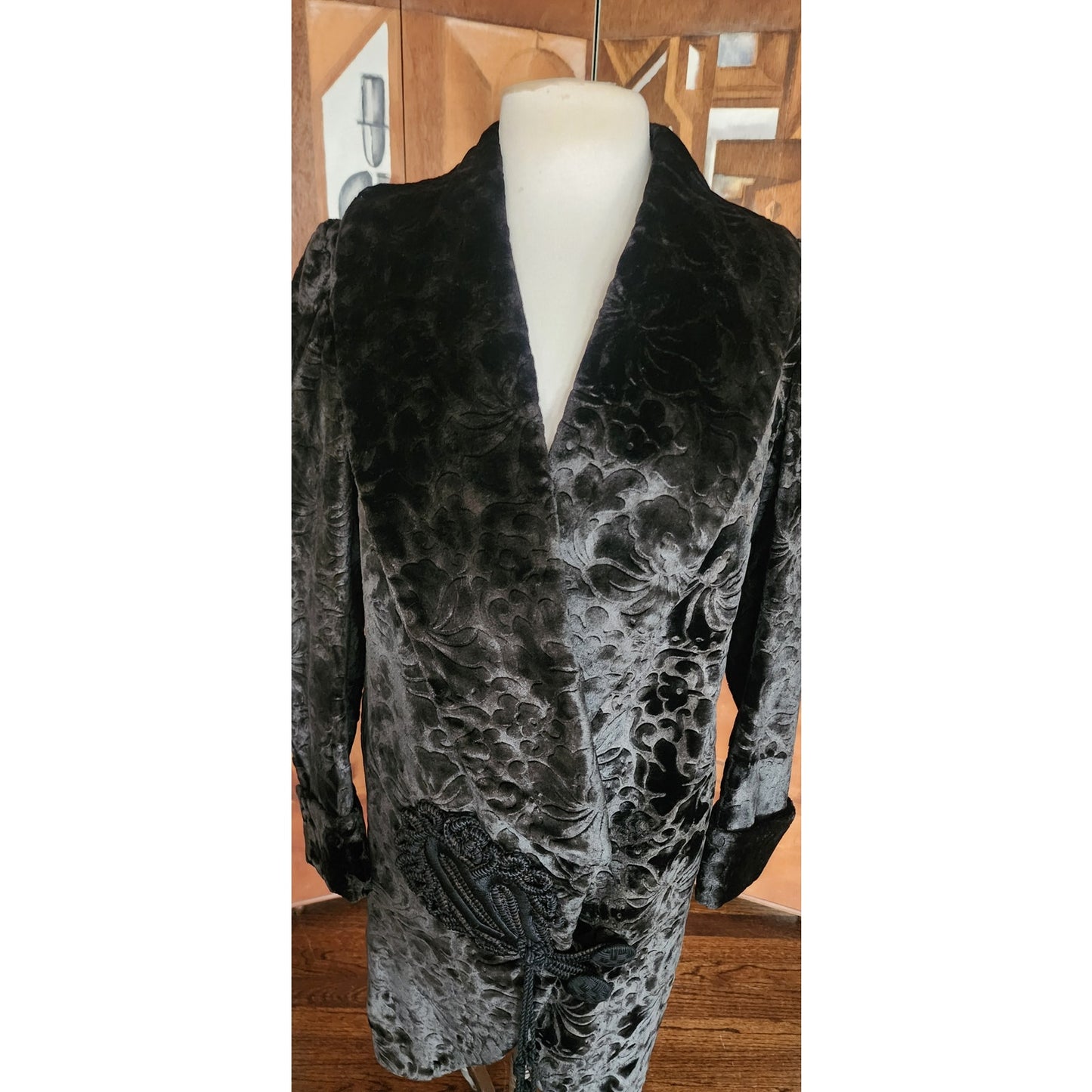 Antique 1910s 20s Edwardian Art Deco Black Textured Silk Velvet Opera Coat Frock Jacket with Silk Chord Knot Closure