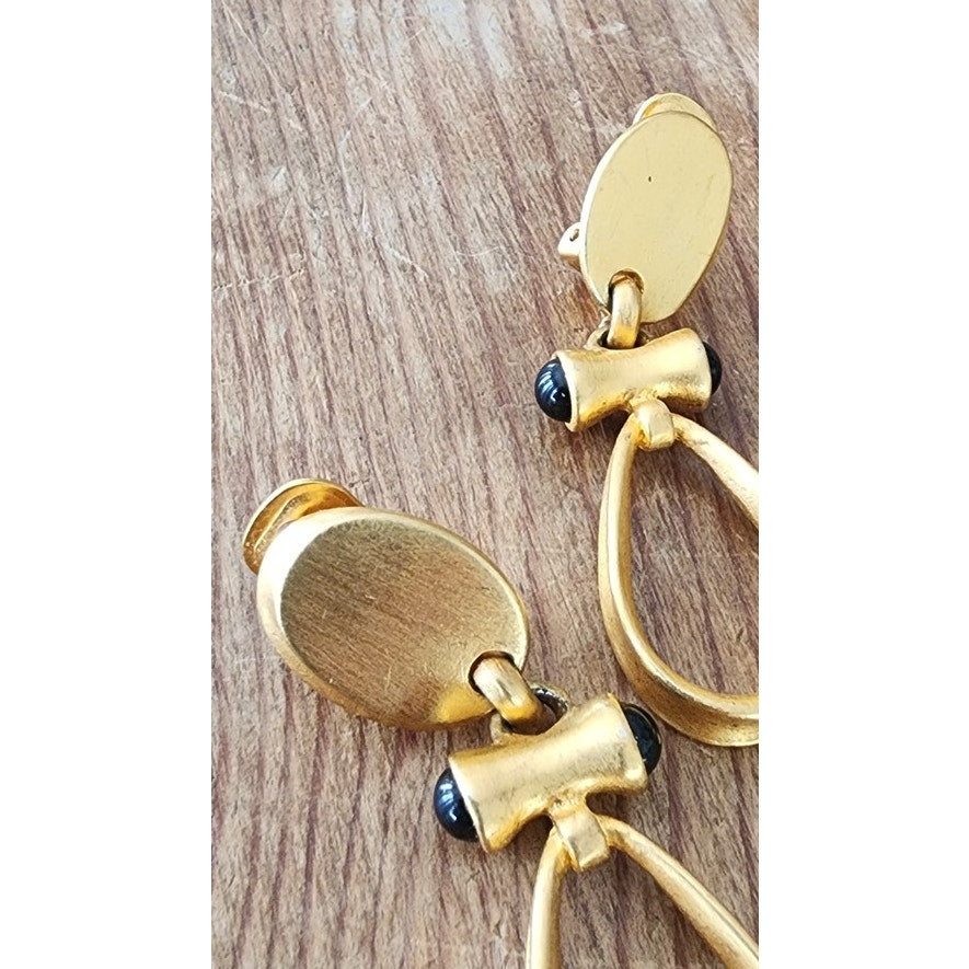 Vintage Gold and Black Teardrop Clip-On Earrings 80s 90s Etruscan Revival