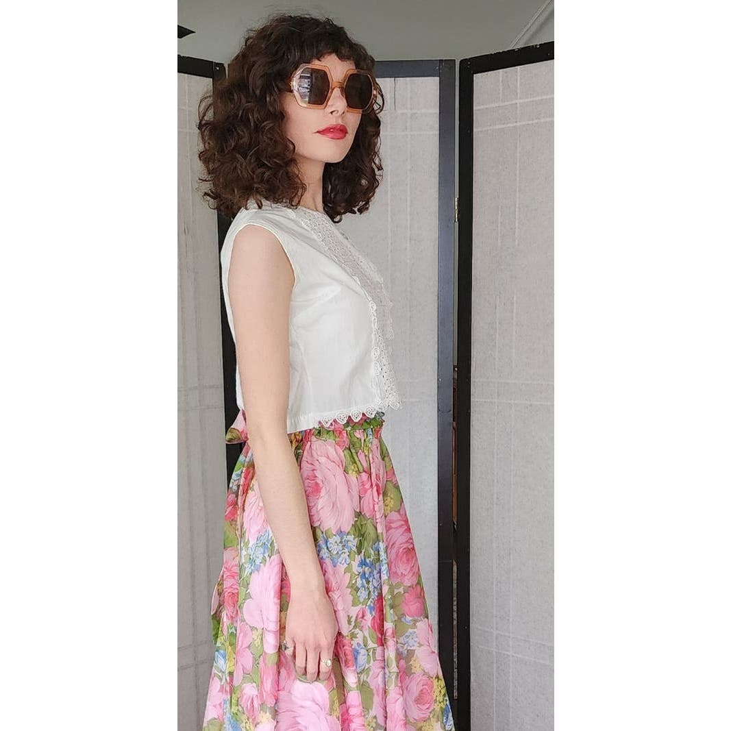 Vintage 50s White Cotton Blouse Eyelet Lace Cropped