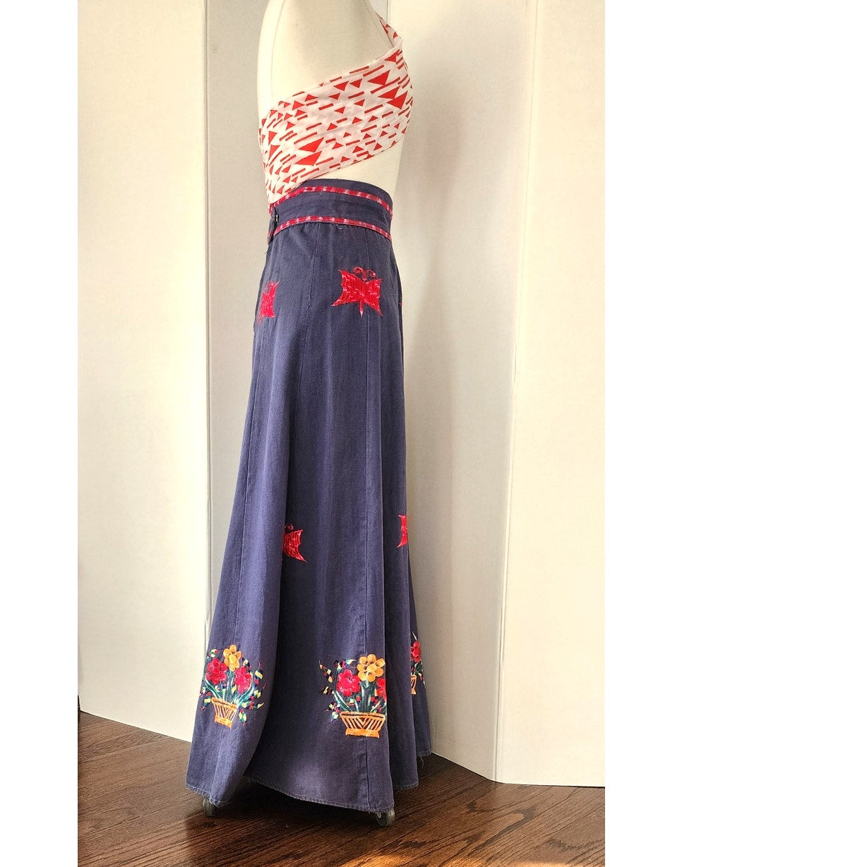 Vintage 70s Maxi Skirt Dark Wash Denim Butterfly Floral Embroidery