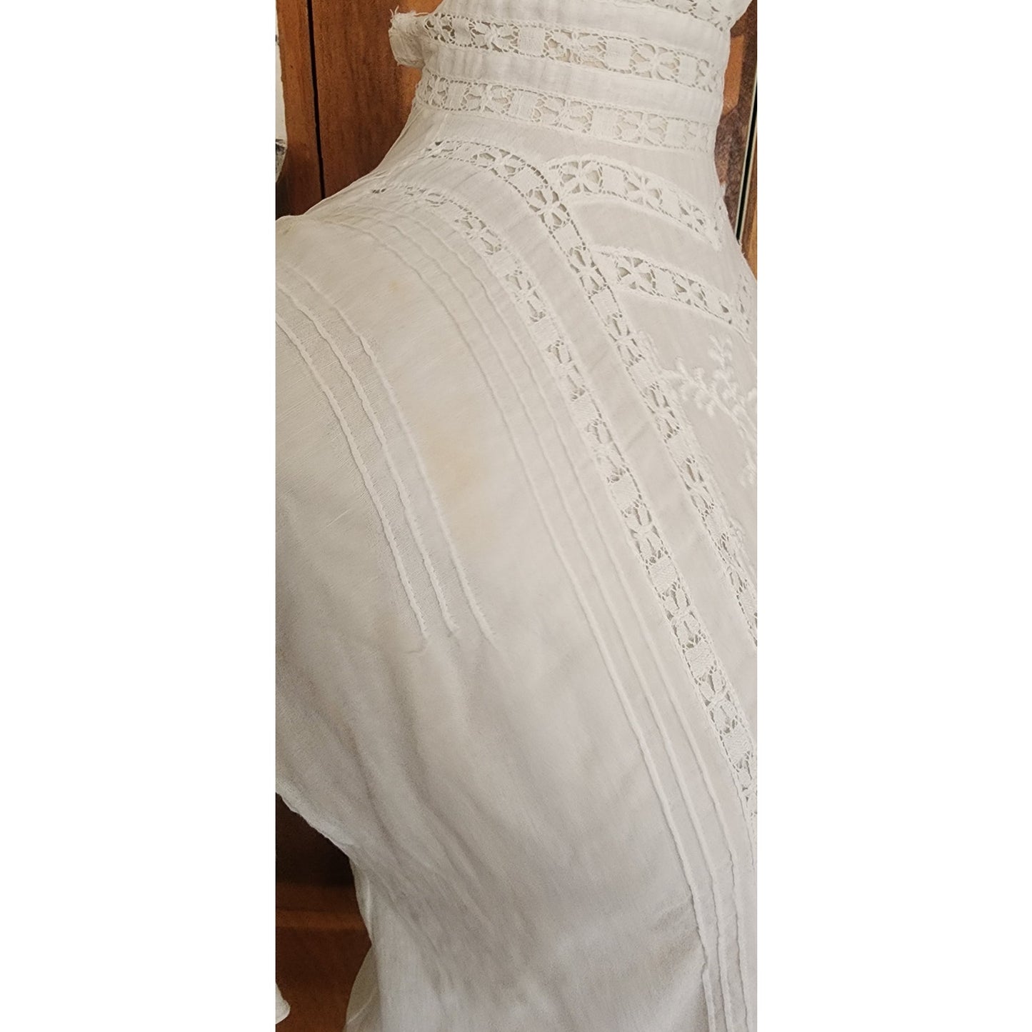 Antique Edwardian Blouse Embroidered White Cotton Lace High Neckline