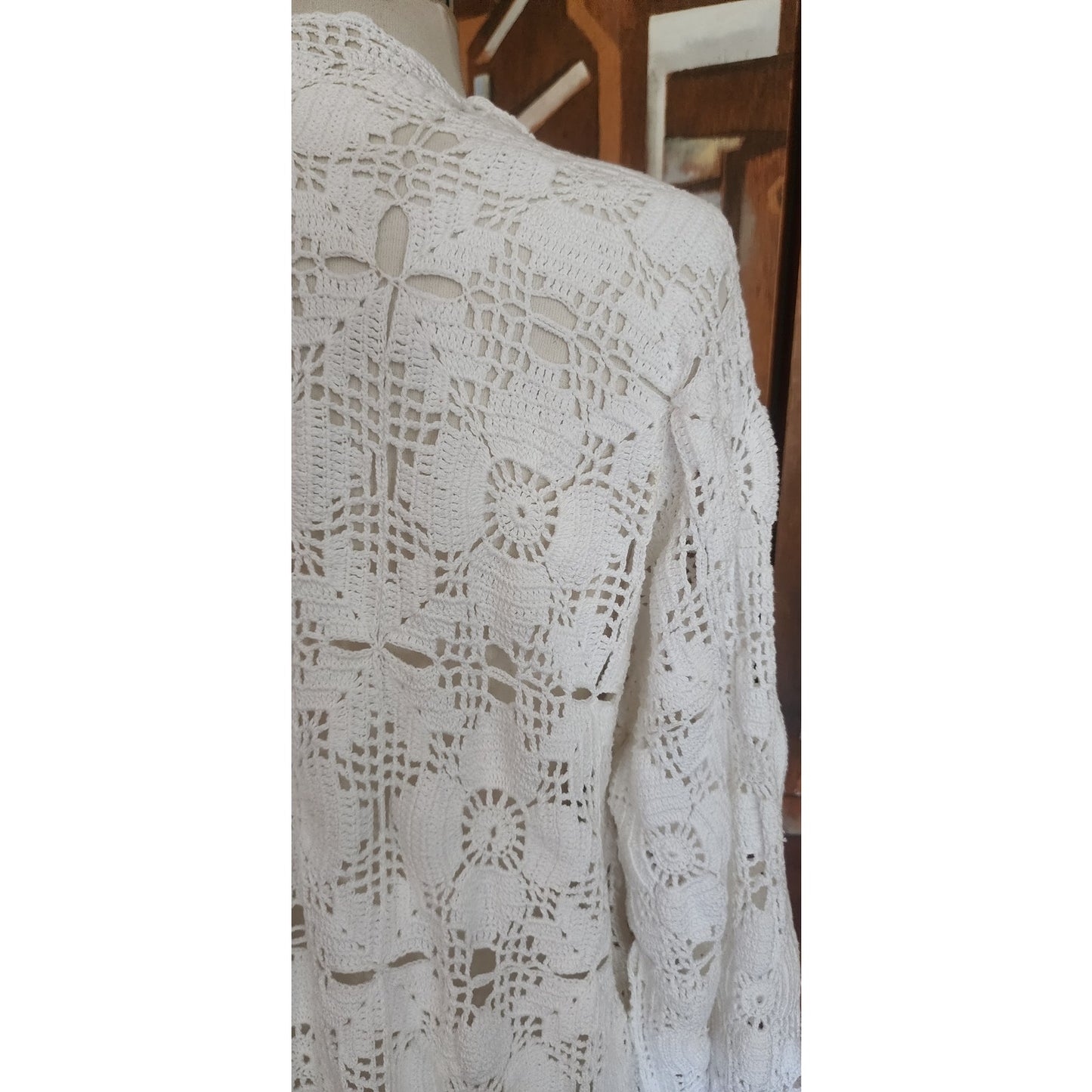 Vintage Crochet Blazer White Openwork Knit Cardigan Jacket w/Collar