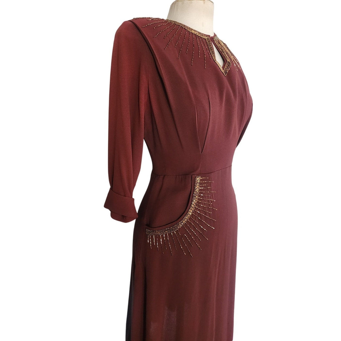 Vintage 1940s Beaded Dress in Brown Copper Crepe w/Keyhole Small