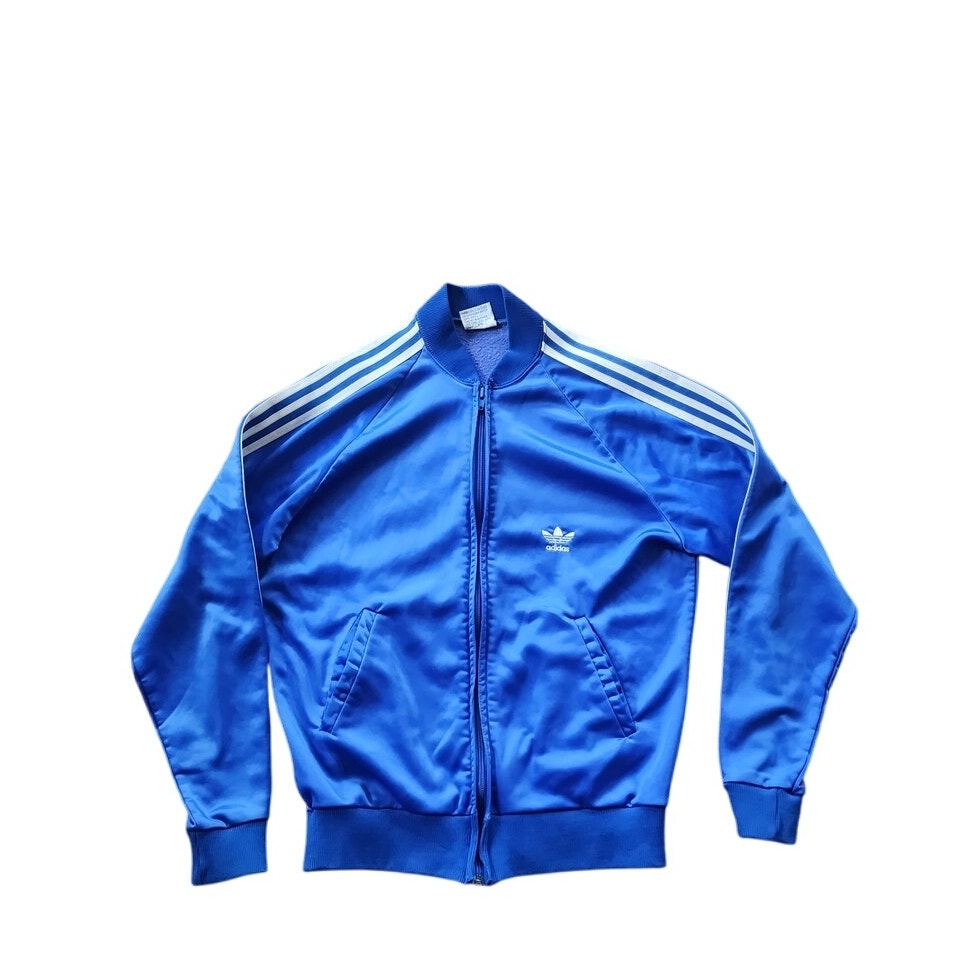 Vintage 1970s ADIDAS Track Suit Blue w/White Stripe Jacket + Pants / Medium