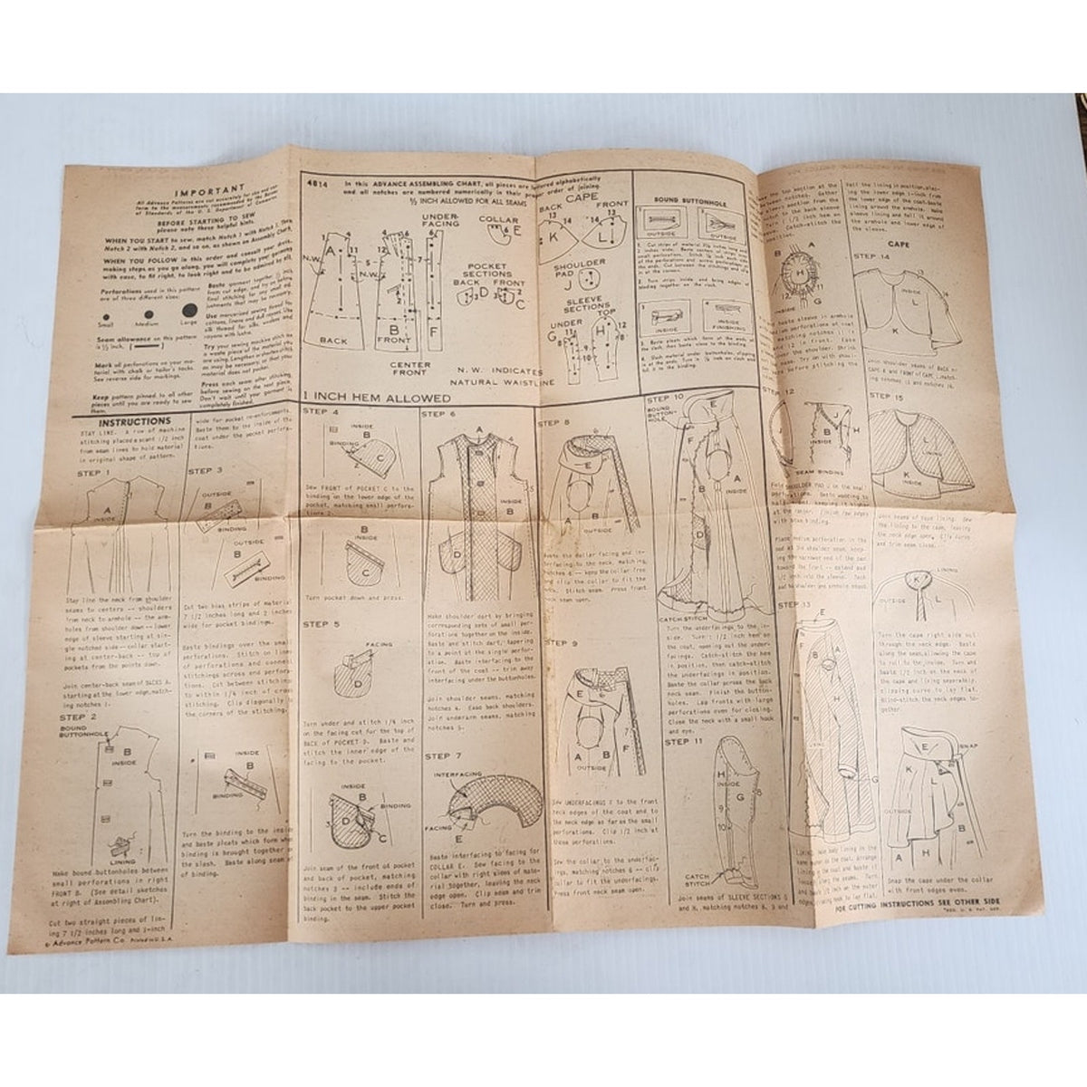 Vintage 1940s Sewing Pattern ORIGINAL Swing Coat & Jacket Peter Pan Collar Advance 4814 Bust 32