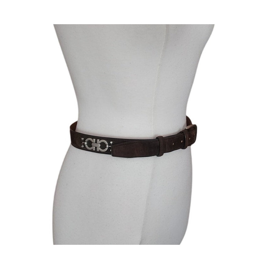 Vintage 90s Ferragamo Belt Brown Suede + Silver Gancini Concho Panels Size 32