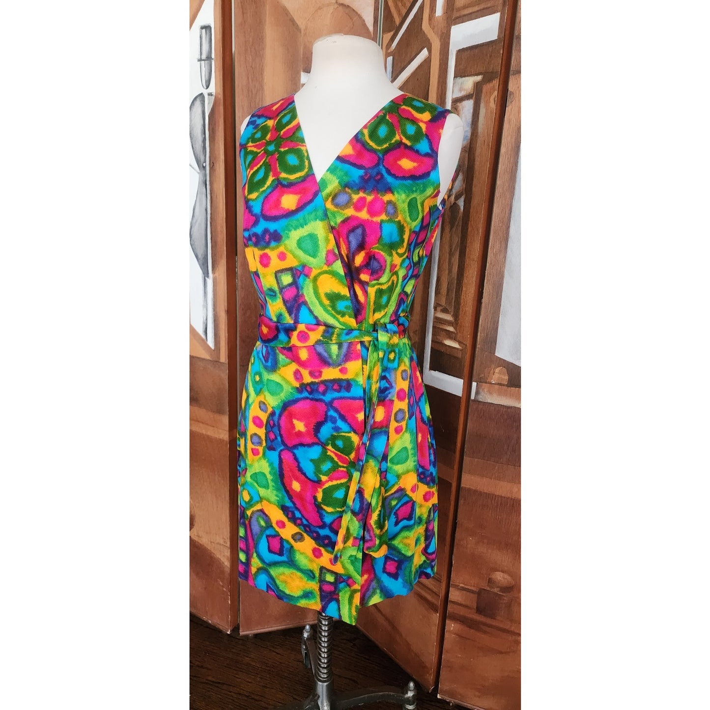 Vintage 60s Psychedelic Print Dress Rhapsody by Glazier Sleeveless Wrap Style