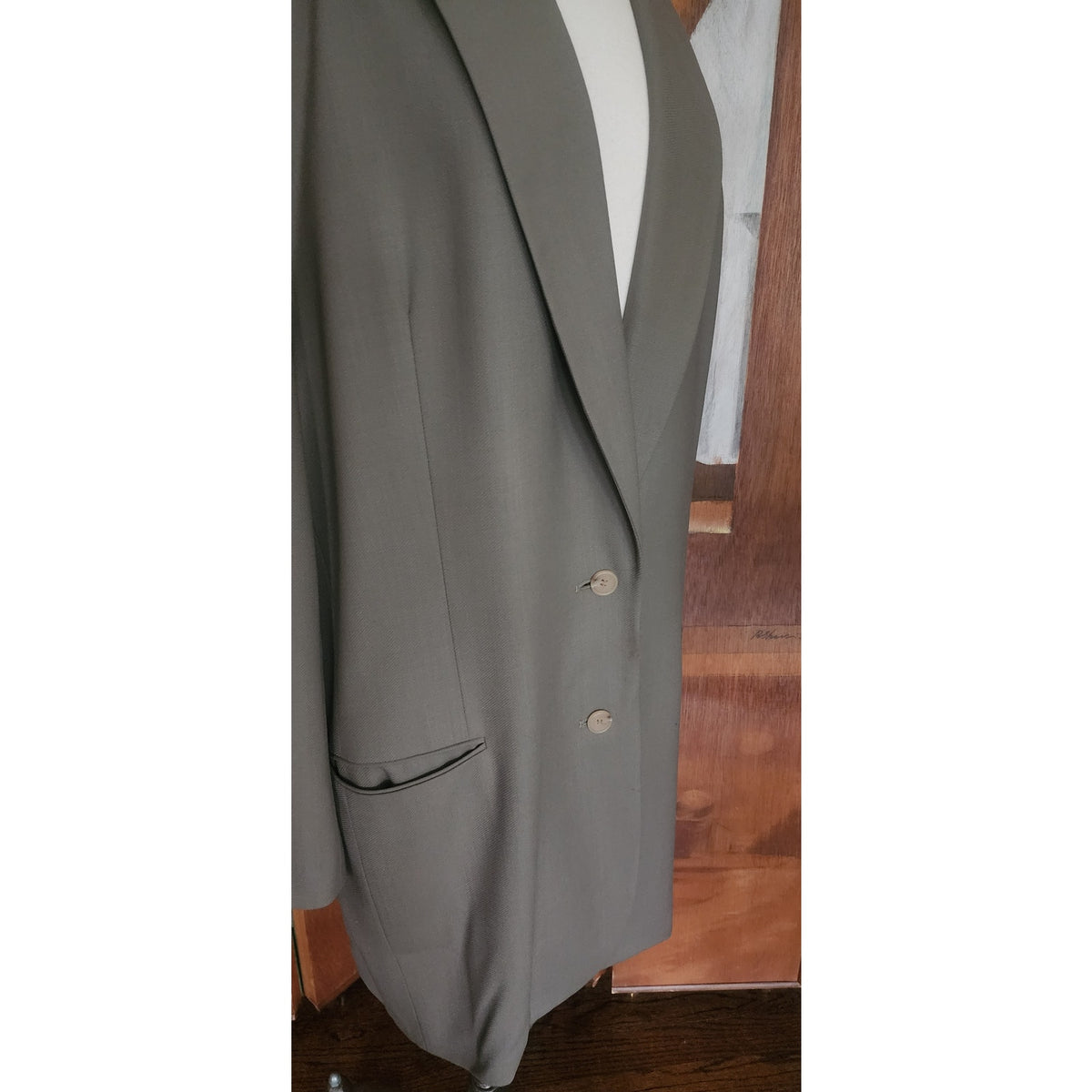 90s Calvin Klein Vintage Gray Olive Green Wool Blazer Oversized 2 Button Career Jacket
