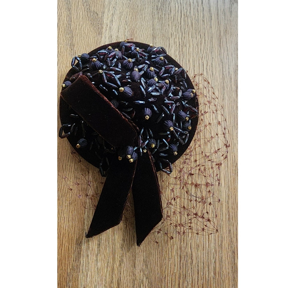 Vintage 1950s Hat Chanda Brown Beaded Velvet Asymmetrical Fascinator Bonwit Teller