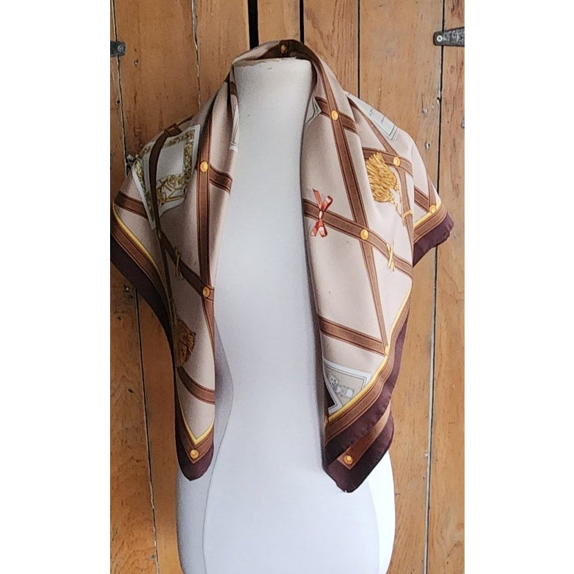 Vintage 90s Paloma Picasso Scarf Silk Brown Beige Novelty Print Bulletin Board