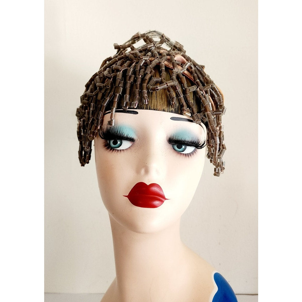 Antique Beaded Headress In Gray Beading Medusa Flapper