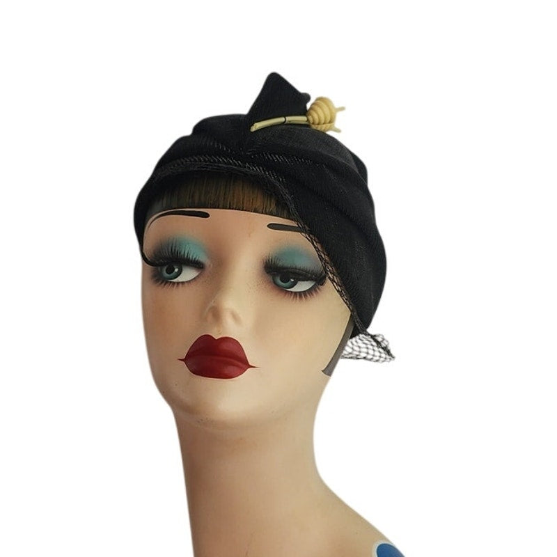 Vintage 30s Art Deco Style Hat Black w/Cream Lucite Modernist Design