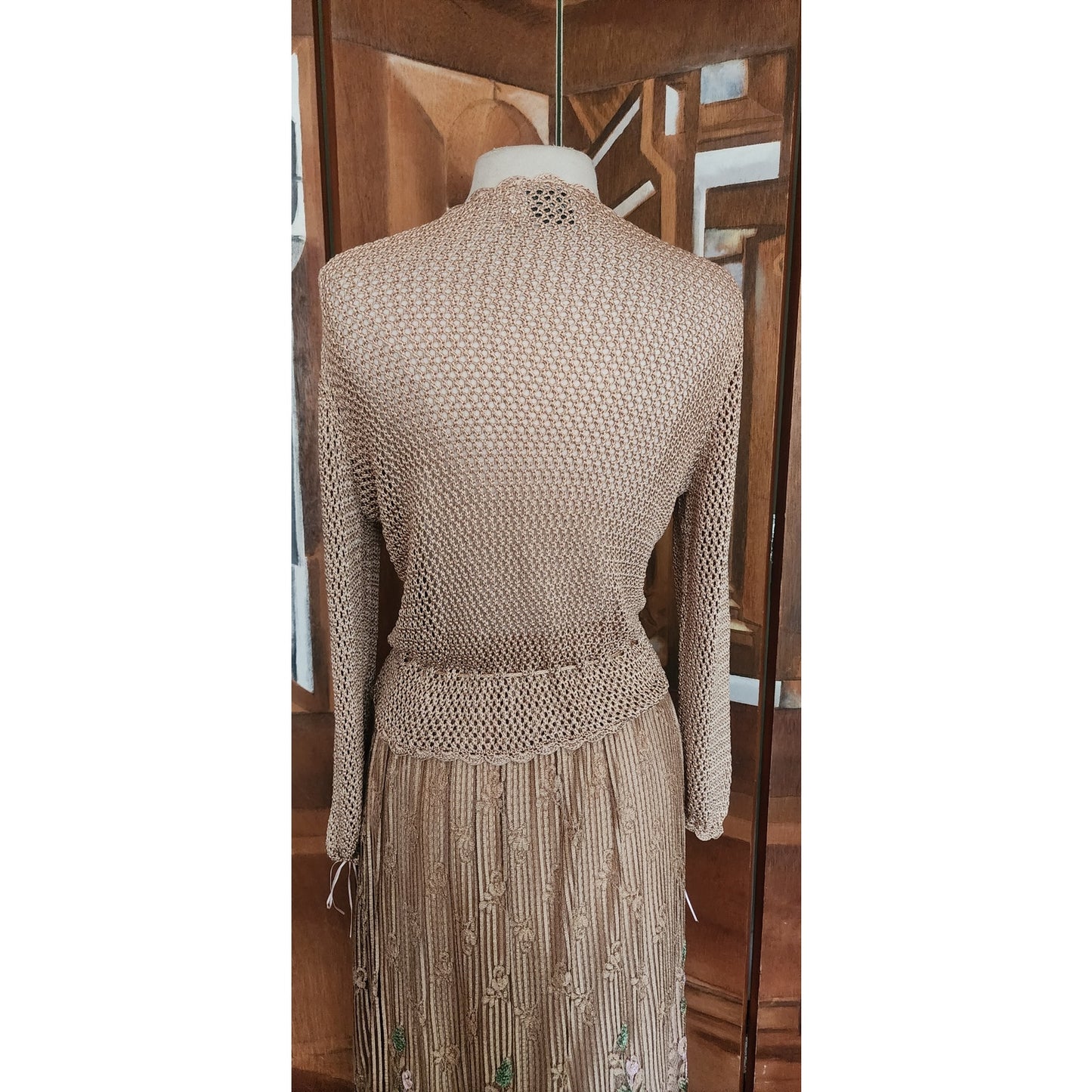 Vintage 1970s Jayna New York Dress Set Knit Crochet Top + Skirt Beige Lace Embroidery