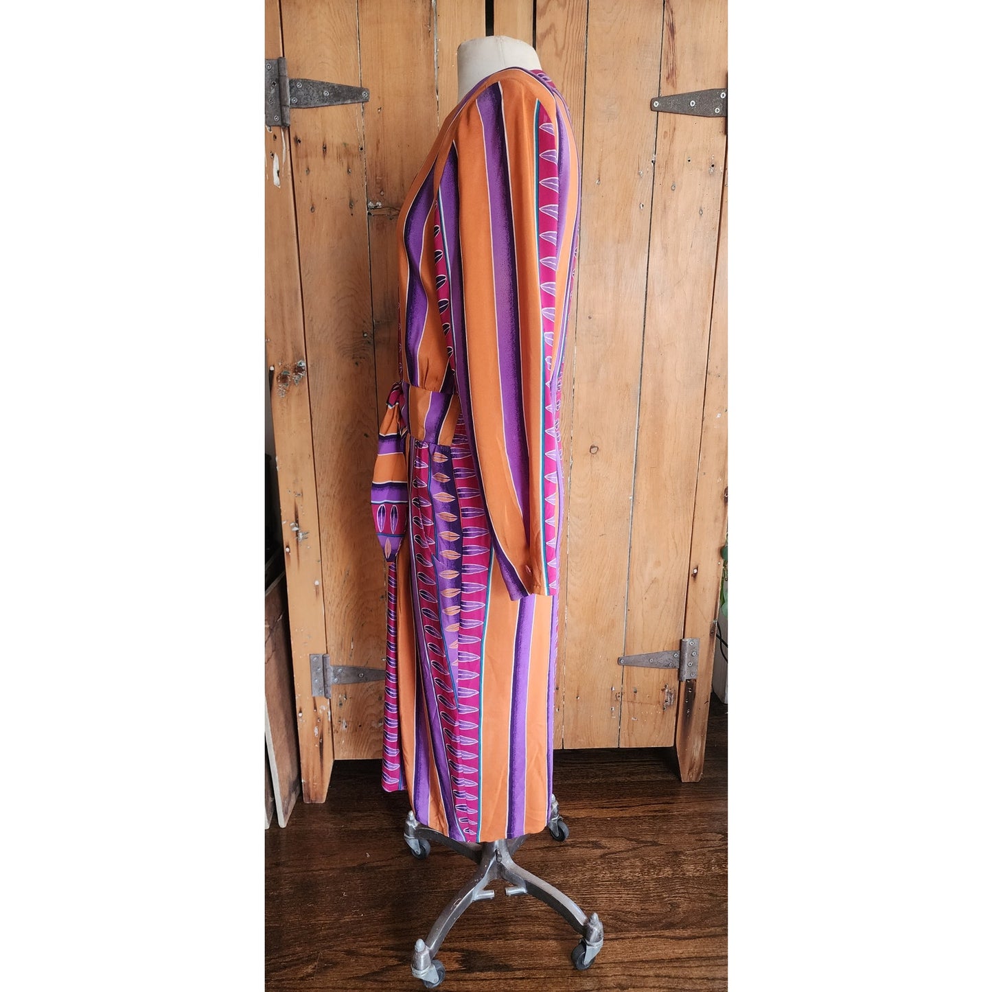 Vintage 1980s Silkprint Dress Purple Orange Stripe Secretary Style Sady King